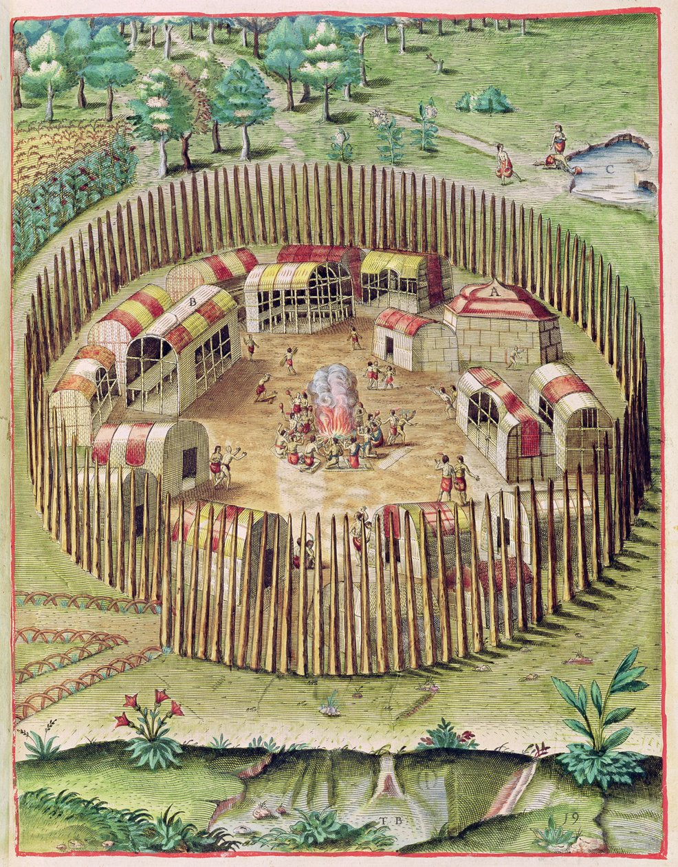 Den befestede byen Pomeiooc, fra 'Admiranda Narratio..', gravert av Theodore de Bry (1528-98) 1585-88 av John White