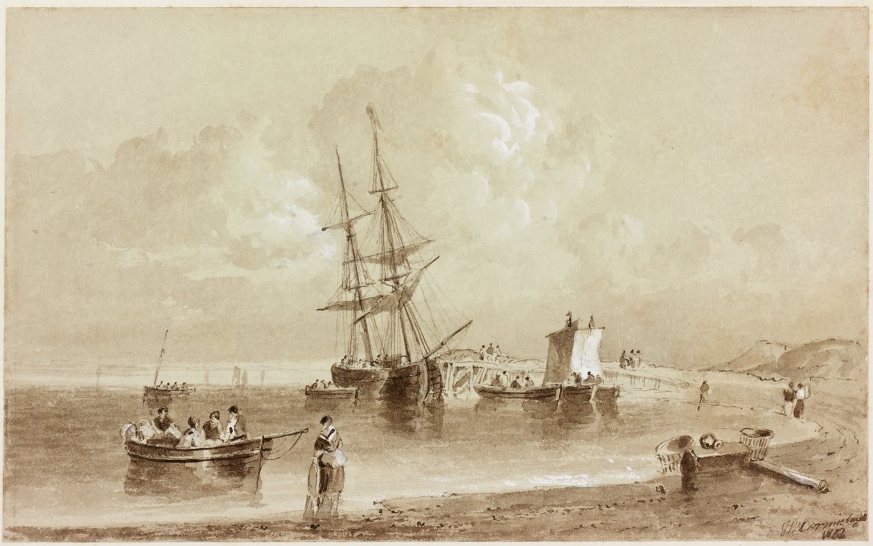 Budle Bay, Northumberland (blekk (sepia) på papir) av John Wilson Carmichael
