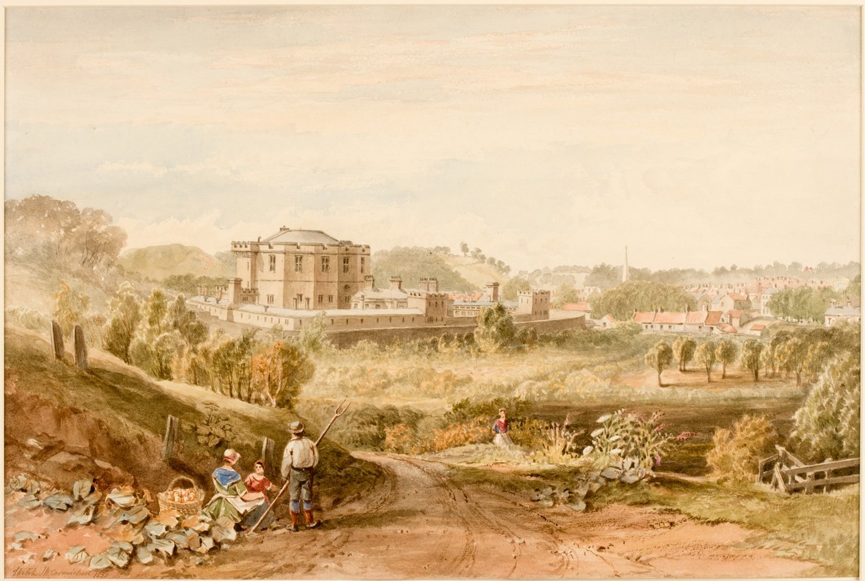 Morpeth Gaol, Northumberland (blyant og akvarell på papir (limt på kort)) av John Wilson Carmichael