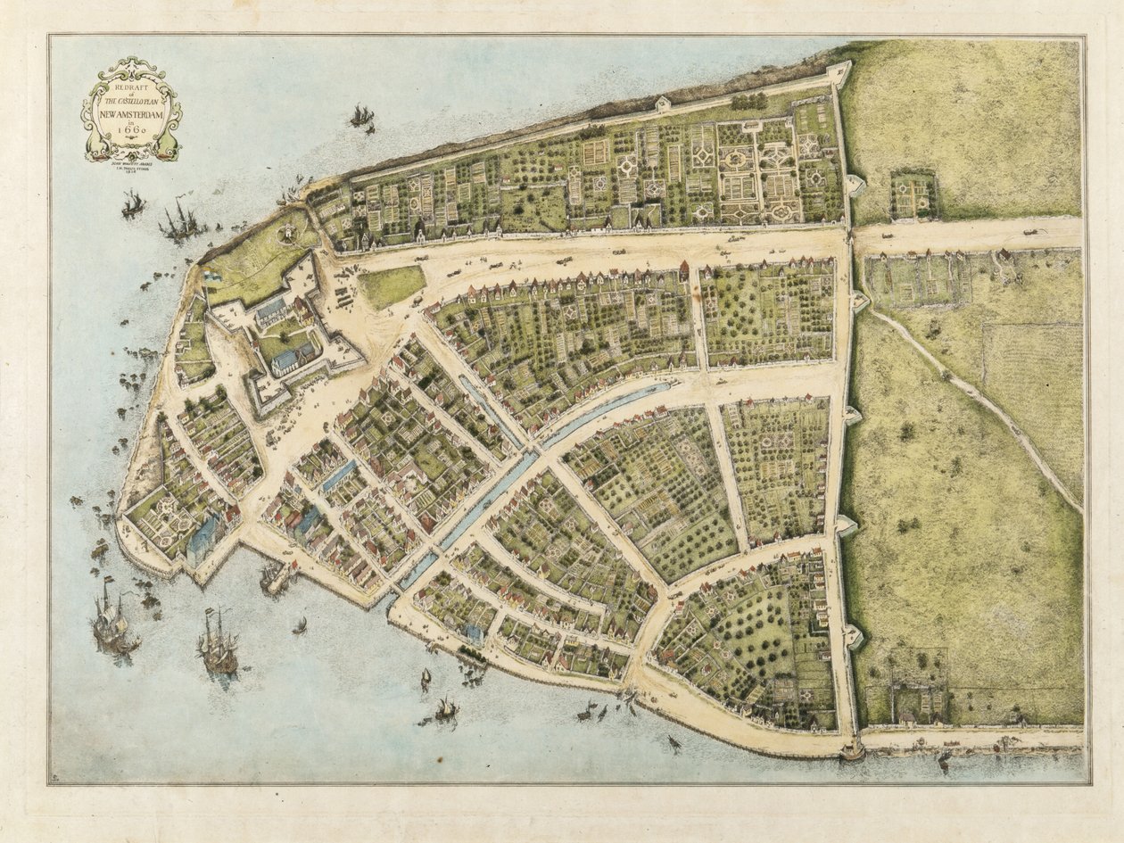 Omutkast til Castello-planen, New Amsterdam slik den så ut i 1660, 1916 (fargevask på papir) av John Wolcott Adams