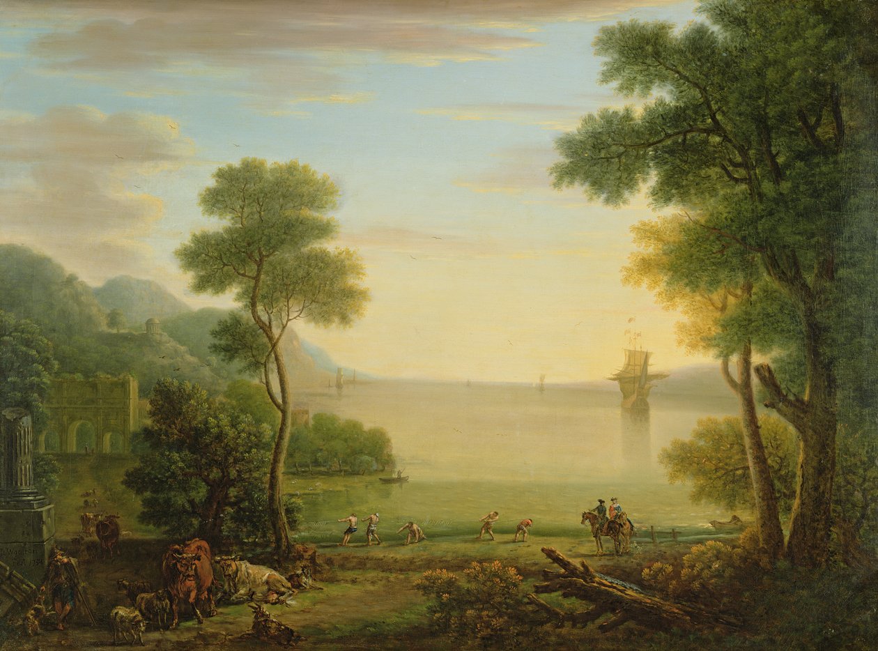 Klassisk landskap med figurer og dyr, solnedgang, 1754 av John Wootton