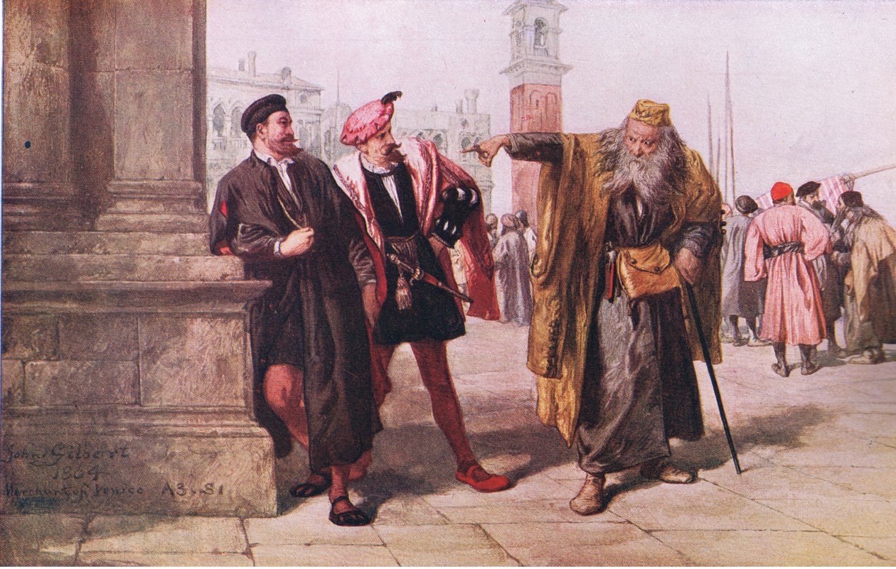 Shylocks svar på Salanio og Salarino, Newnes Pictorial Knowledge bind 7, 1950-tallet av John after Gilbert