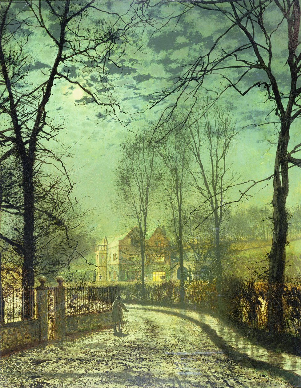 En månebelyst vei, 1800-tallet av John Atkinson Grimshaw