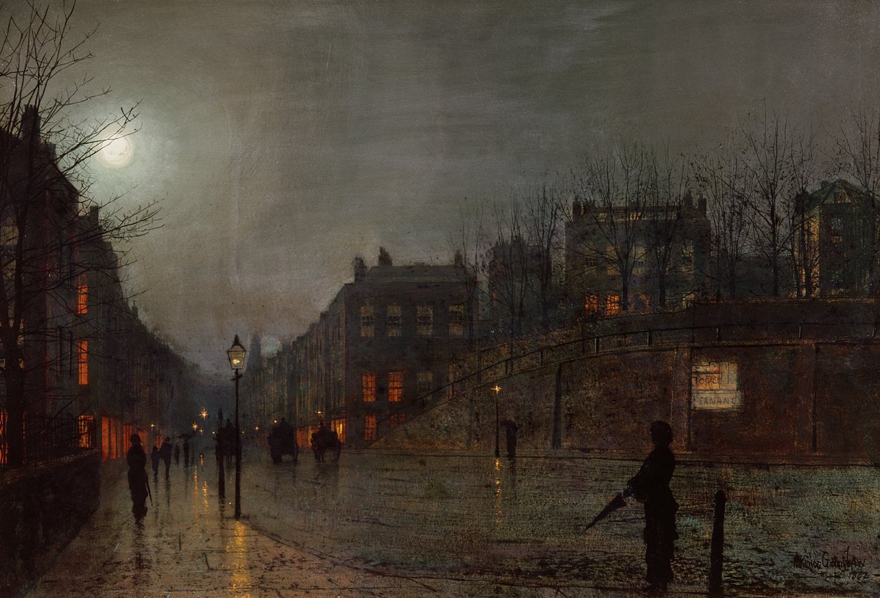 Går hjem i skumringen, 1882 av John Atkinson Grimshaw