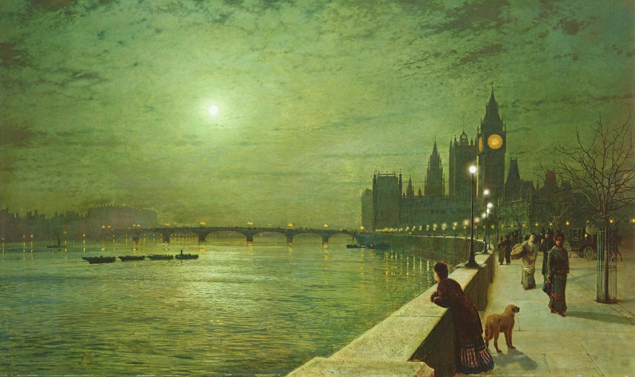 Refleksjoner av lys på Themsen nær Westminster av John Atkinson Grimshaw