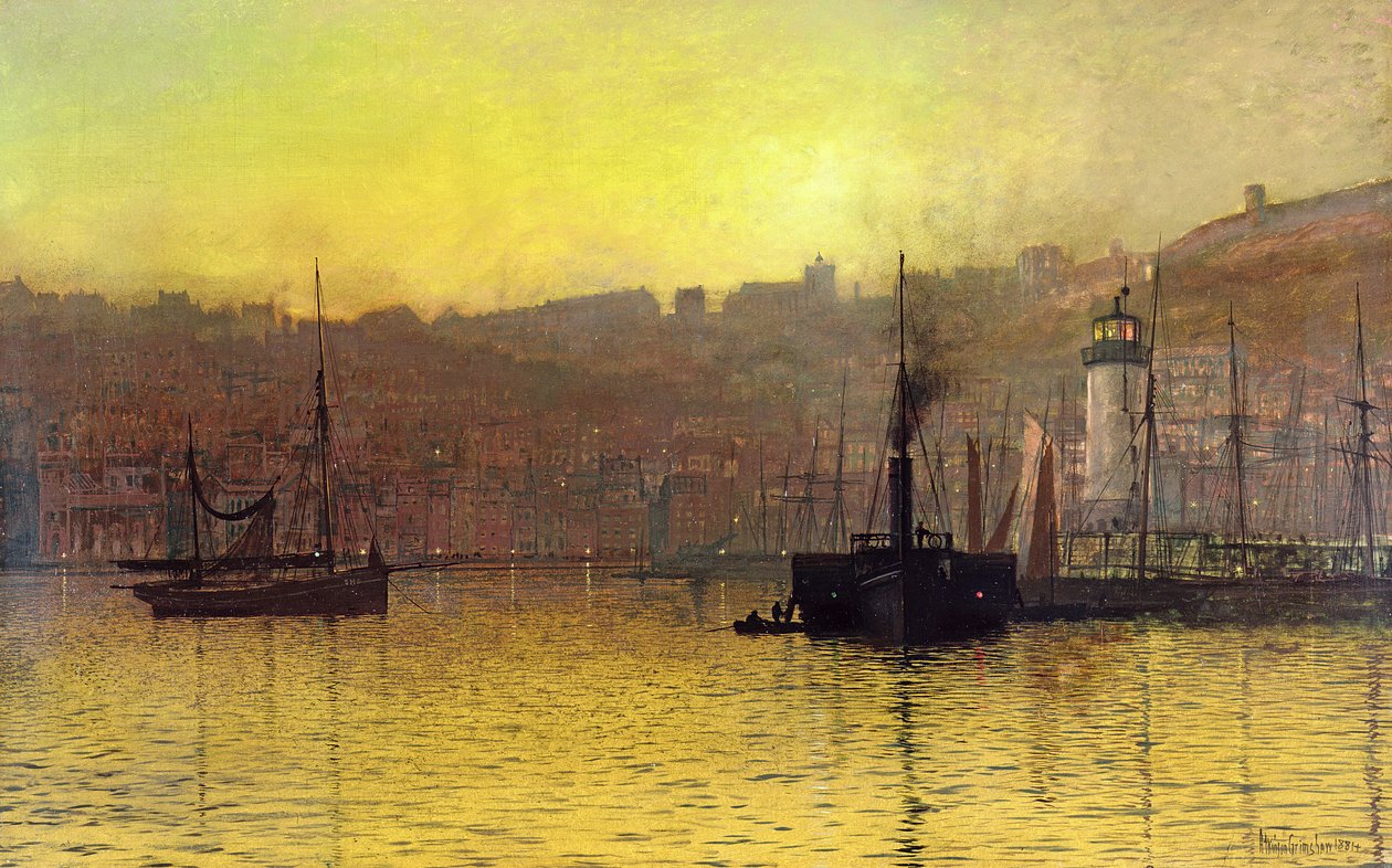 Nattefall i Scarborough Harbor av John Atkinson Grimshaw