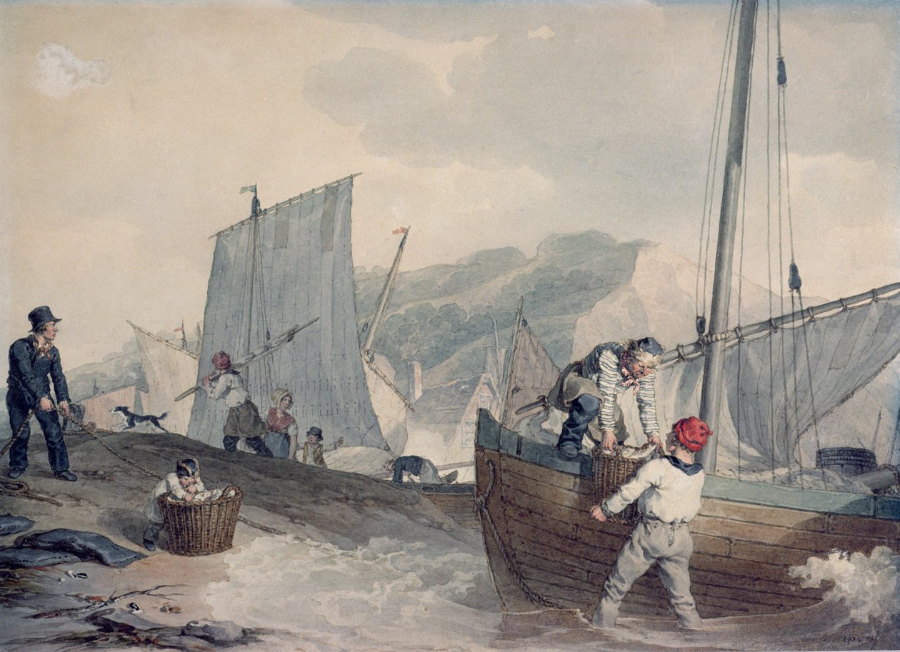 Fiskebåter lossing (akvarell) av John Augustus Atkinson