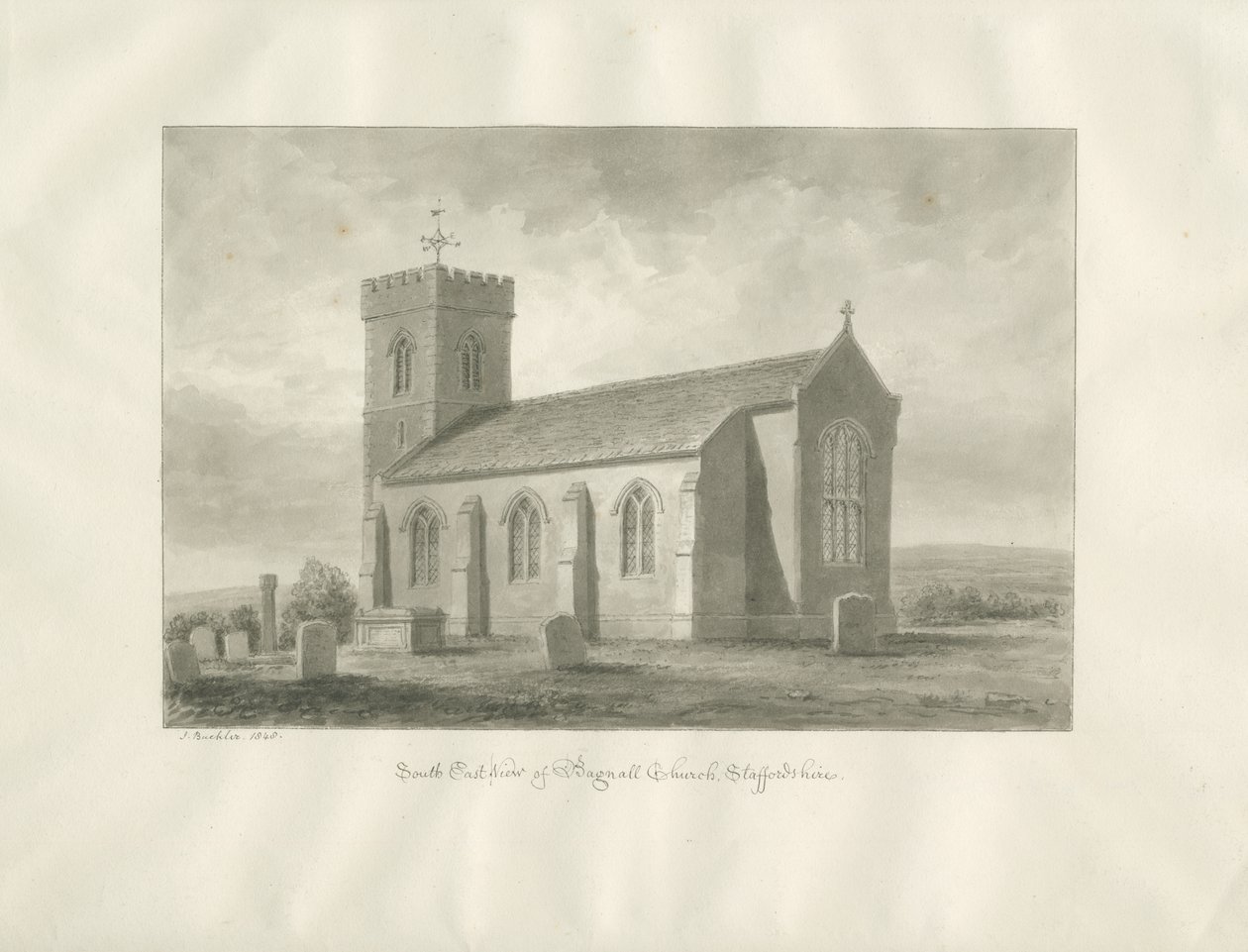 Bagnall kirke: sepia-tegning, 1848 av John Buckler