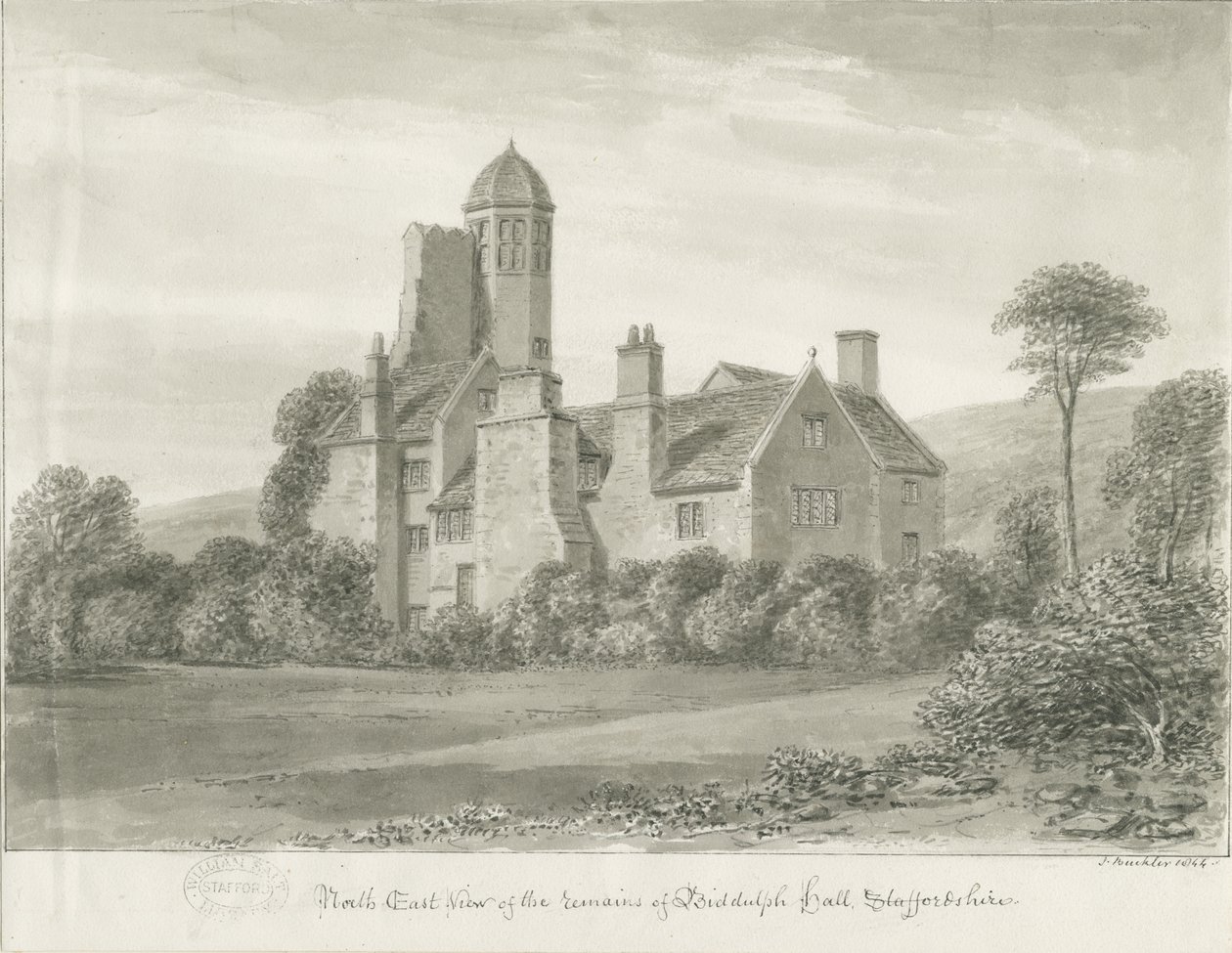 Biddulph Hall (gammel): sepia-tegning av John Buckler