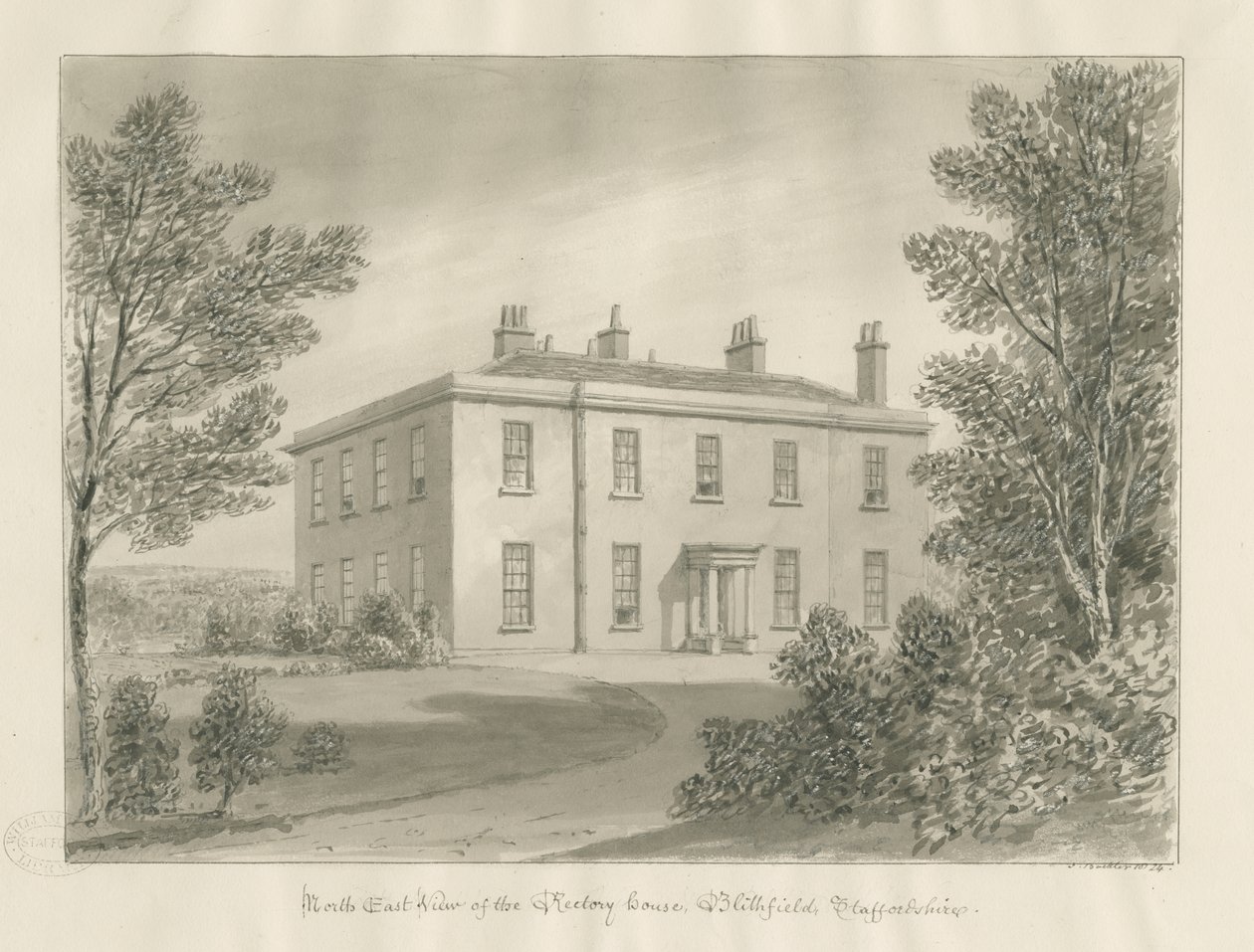 Blithfield - Rectory: sepia-tegning, 1824 av John Buckler