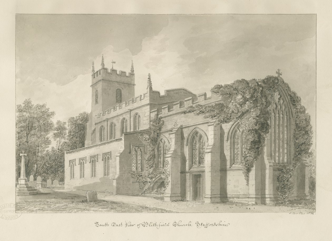 Blithfield Church: sepia-tegning av John Buckler