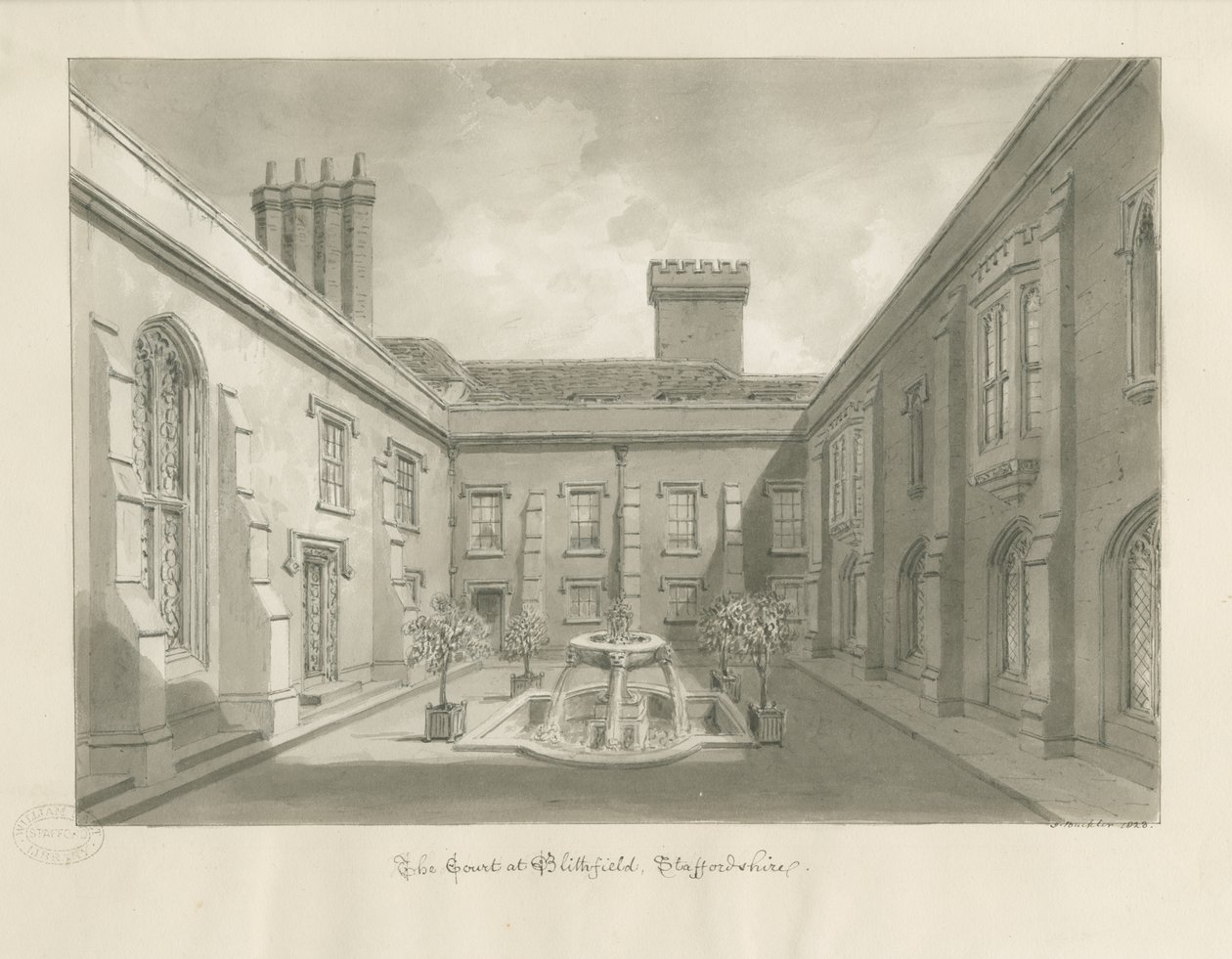 Blithfield Hall - Courtyard: sepia-tegning av John Buckler