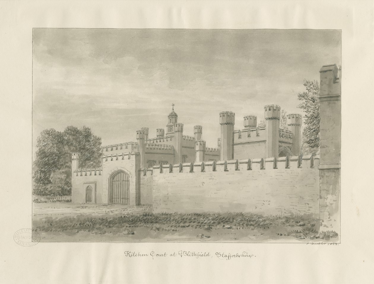 Blithfield Hall - Kitchen Court: sepia tegning av John Buckler