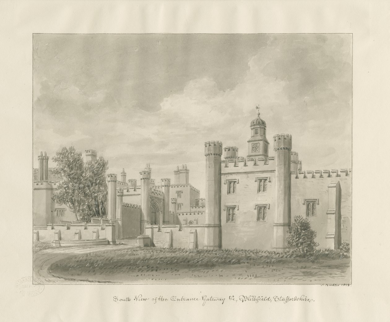 Blithfield Hall: sepia-tegning av John Buckler