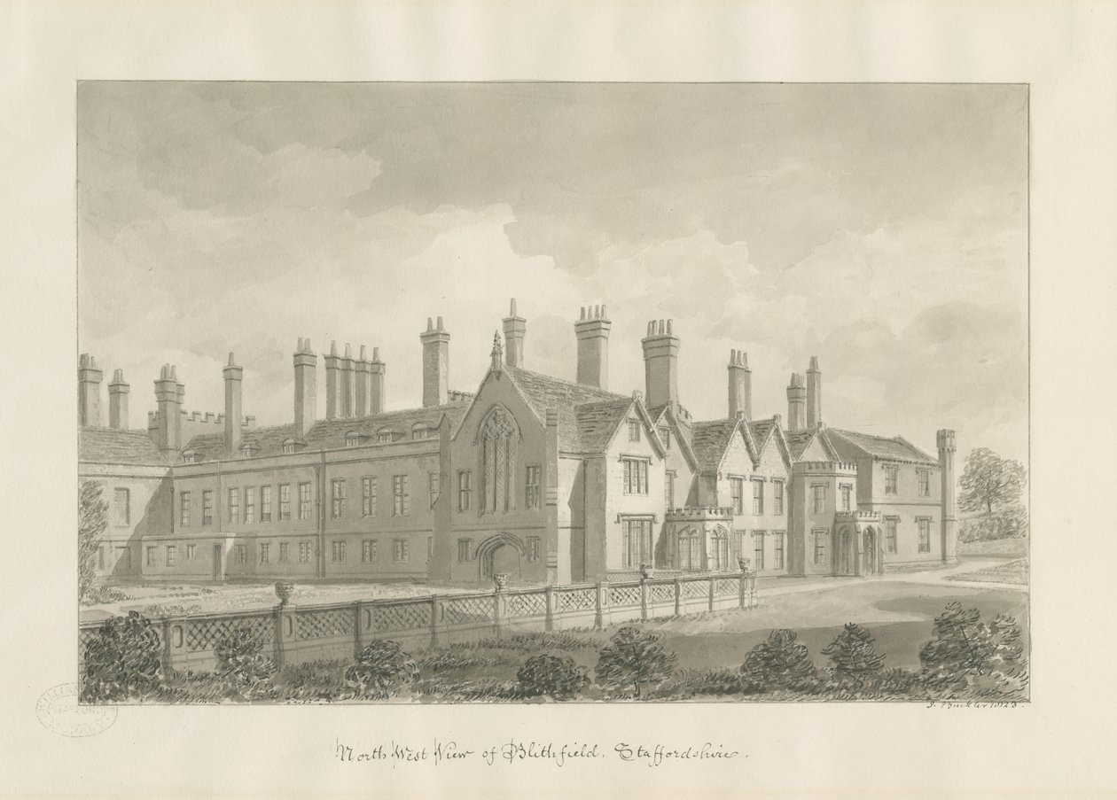 Blithfield Hall: sepia-tegning av John Buckler