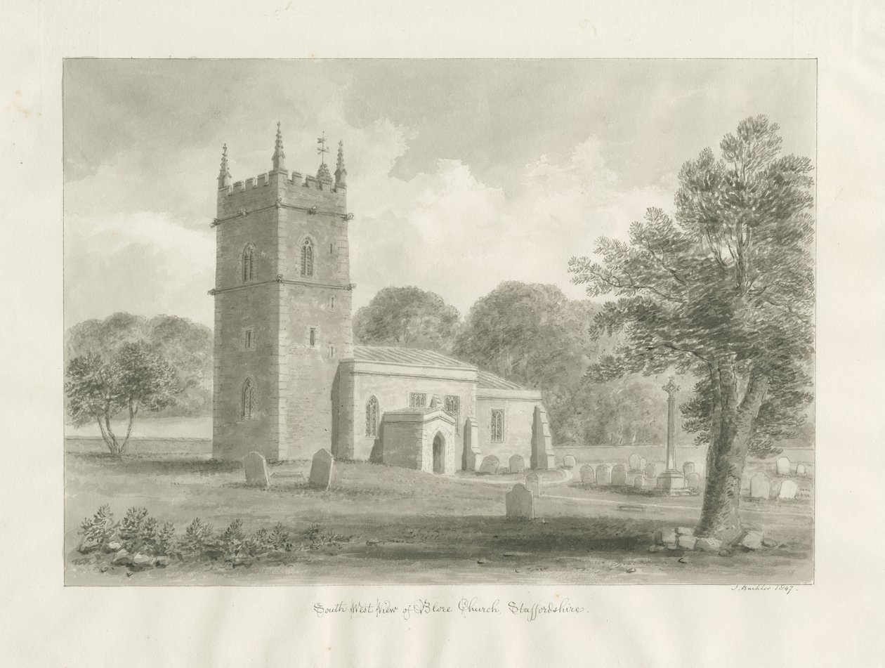 Blore Church: sepia-tegning, 1847 av John Buckler