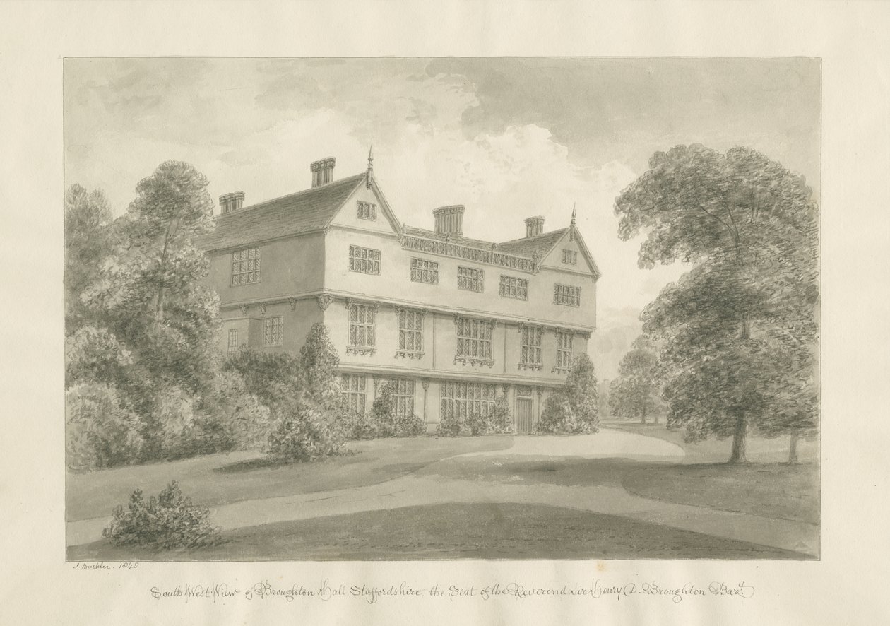 Broughton Hall: sepia-tegning, 1848 av John Buckler