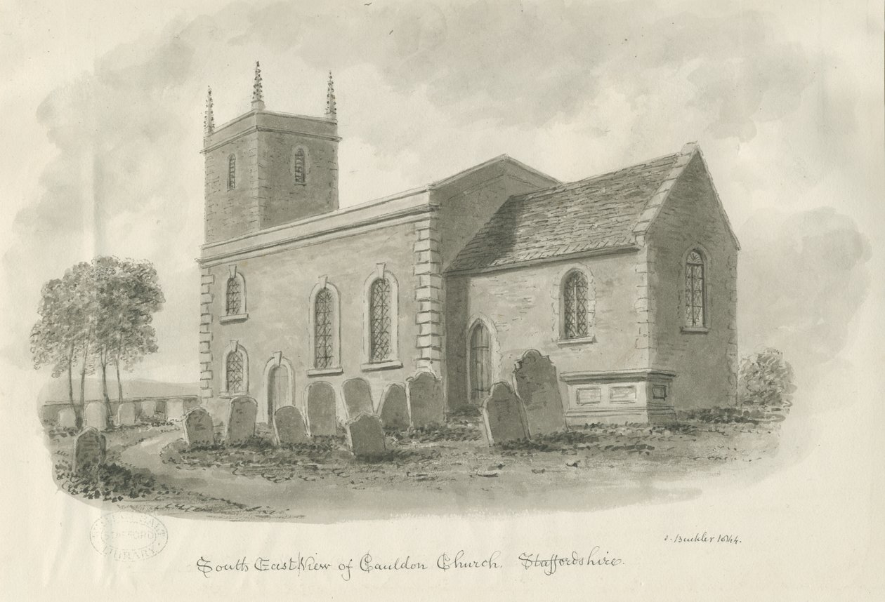 Cauldon Church: sepia-tegning, 1844 av John Buckler