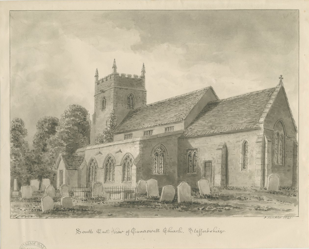 Caverswall kirke: sepia tegning av John Buckler