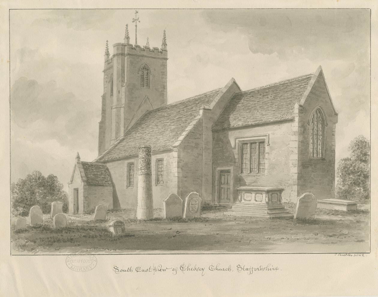 Chebsey Church: sepia-tegning av John Buckler