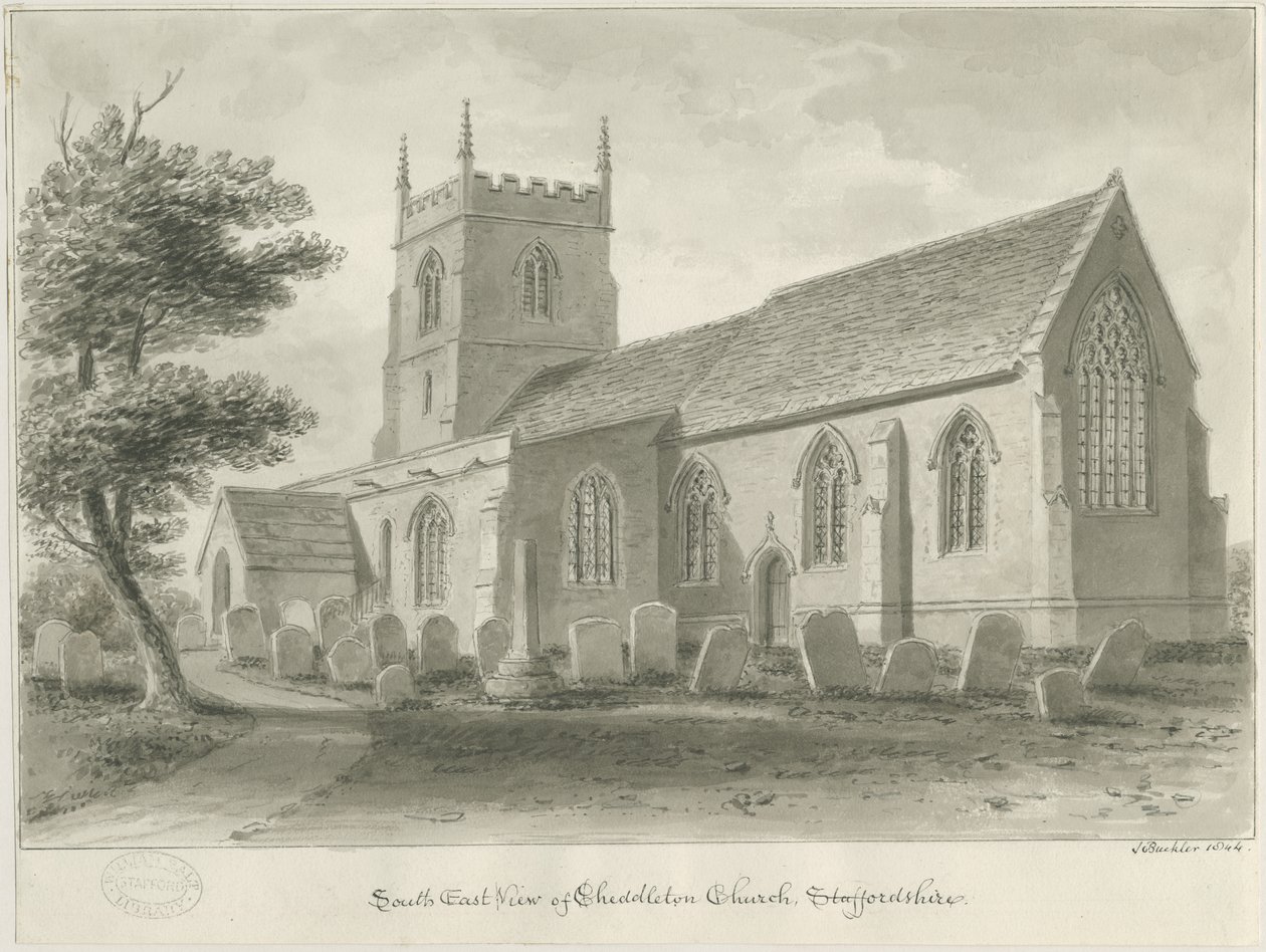 Cheddleton Church: sepia-tegning av John Buckler