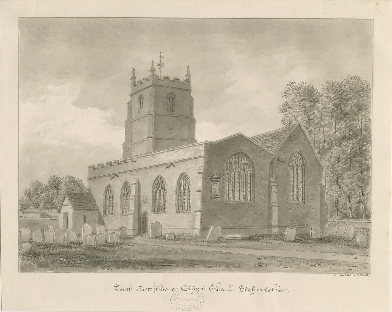 Elford Church: sepia-tegning, 1838 av John Buckler