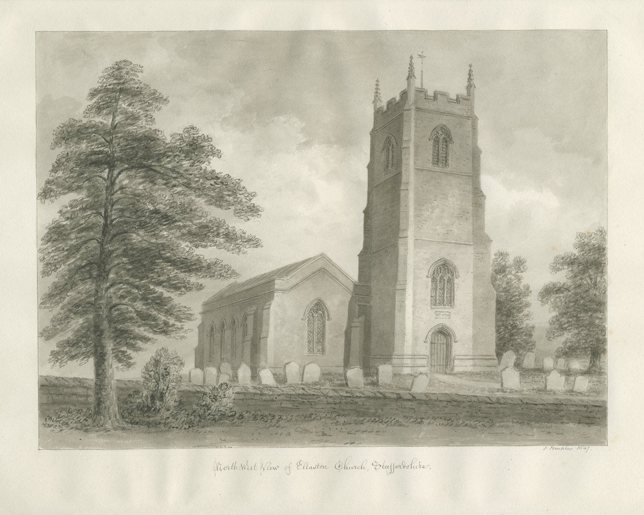 Ellastone Church: sepia-tegning, 1847 av John Buckler