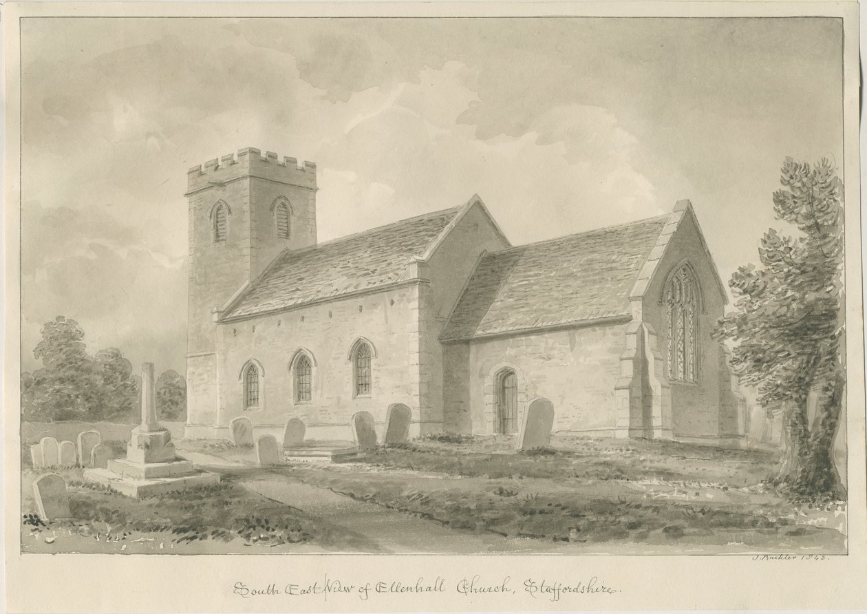 Ellenhall kirke: sepia-tegning av John Buckler