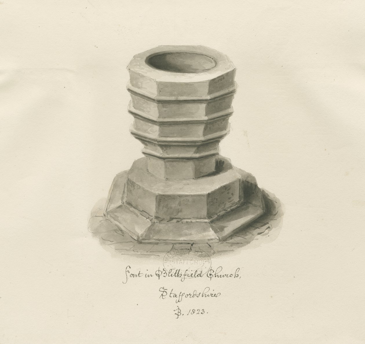 Font i Blithfield Church: sepia-tegning av John Buckler