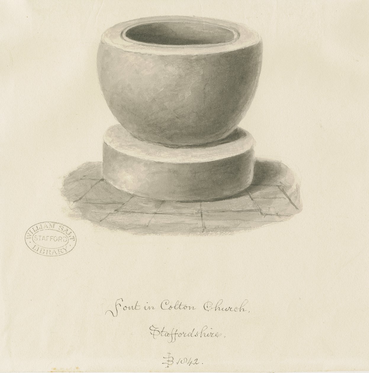 Font i Colton Church: sepia-tegning, 1842 av John Buckler