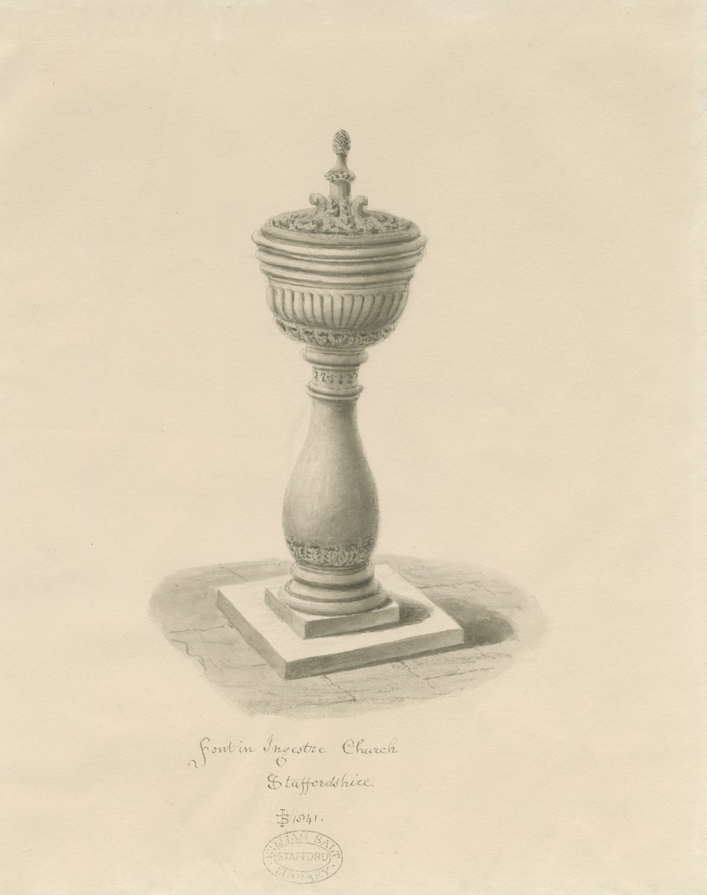 Font i Ingestre kirke: sepia tegning av John Buckler