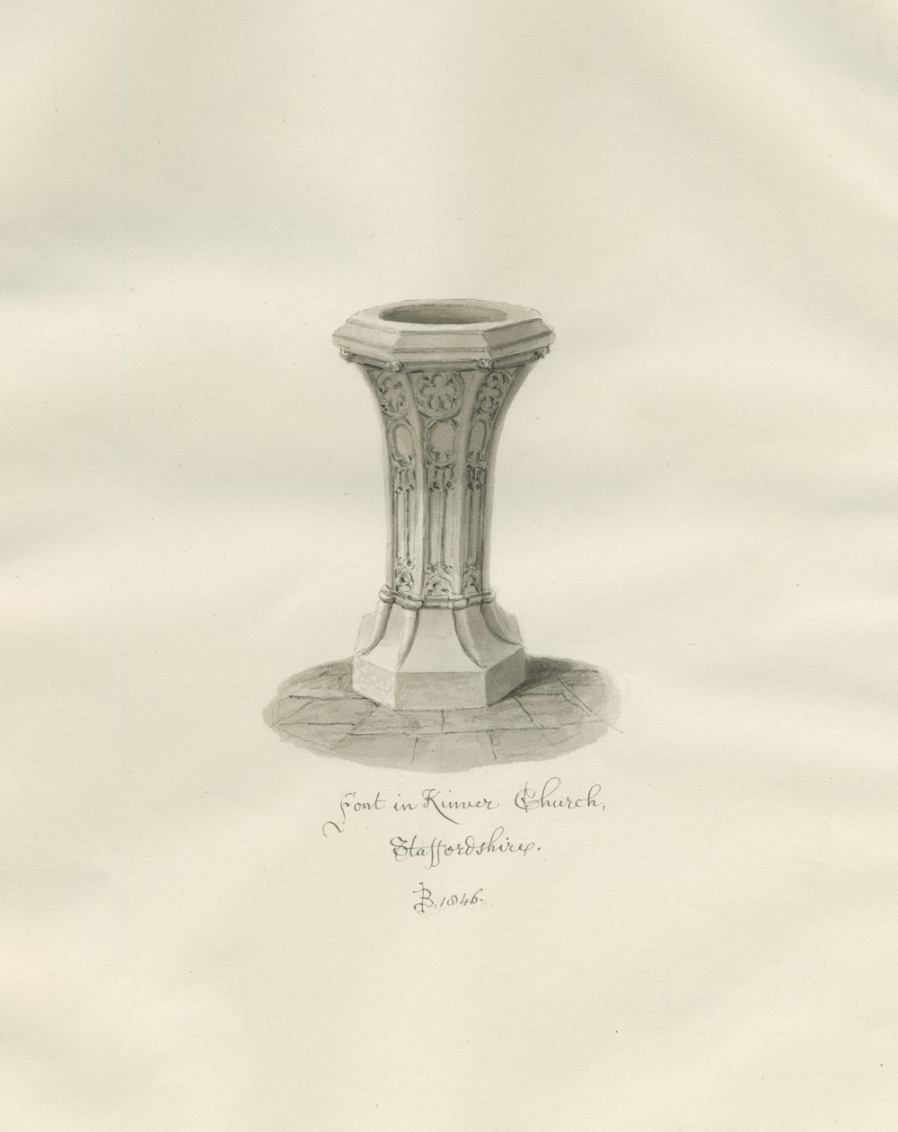 Font i Kinver kirke: sepia-tegning av John Buckler