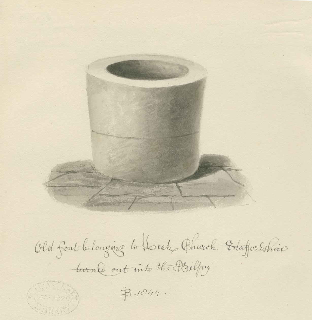 Font i Leek Church: sepia-tegning av John Buckler