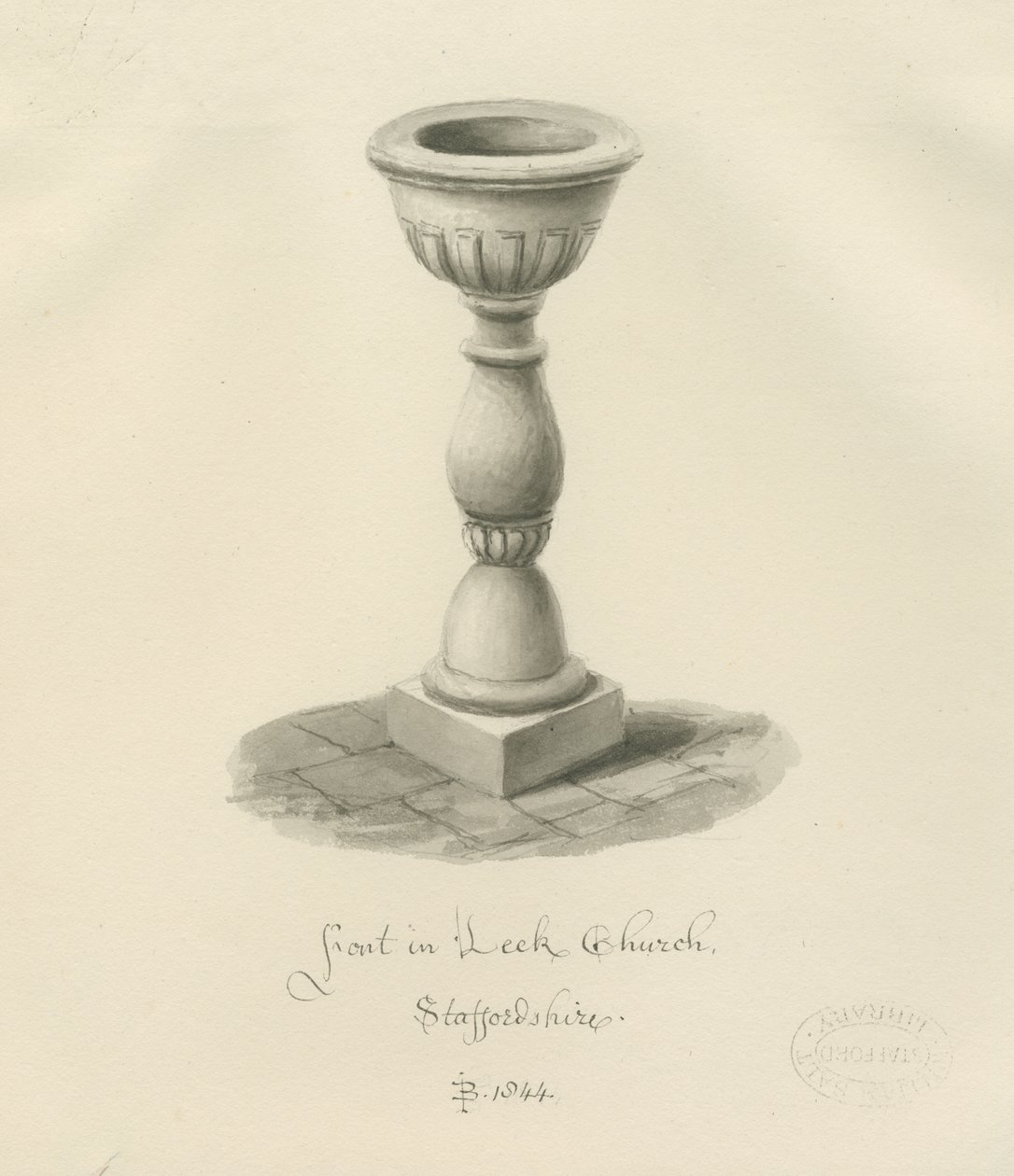 Font i Leek Church: sepia-tegning, 1844 av John Buckler