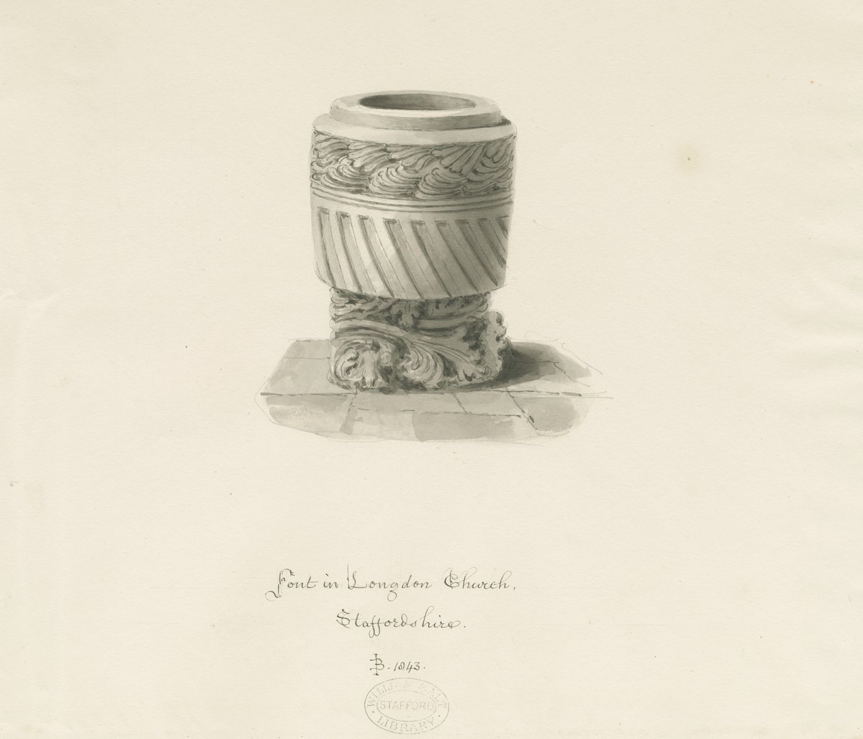 Font i Longdon Church: sepia-tegning av John Buckler
