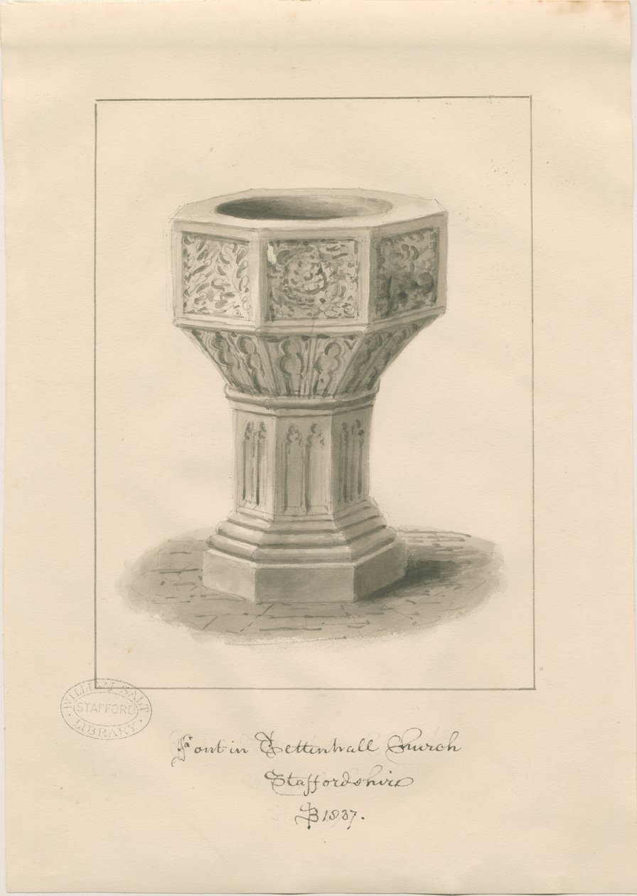 Font i Tettenhall Church: sepia-tegning av John Buckler