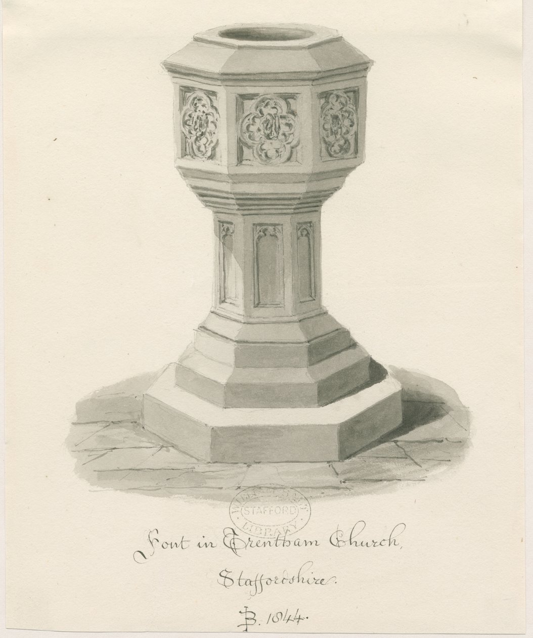 Font i Trentham Church: sepia-tegning, 1844 av John Buckler