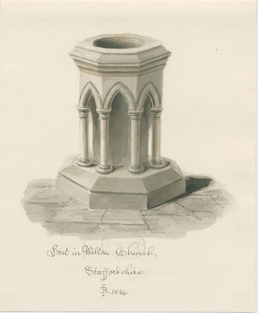 Font i Walton-on-the-Hill Church: sepia vask tegning av John Buckler