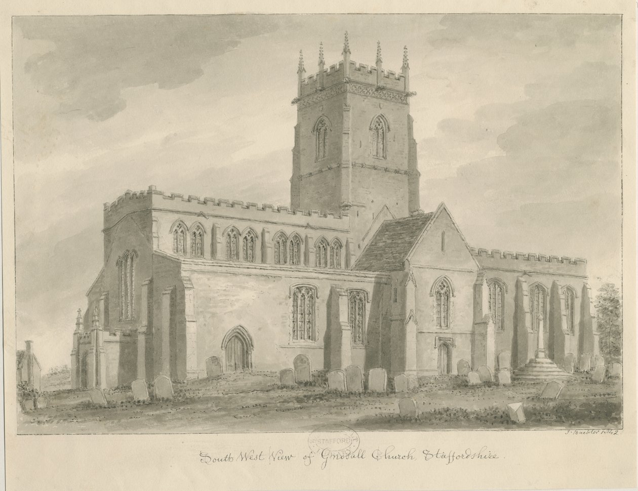 Gnosall kirke: vasketegning av John Buckler