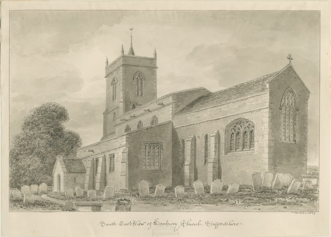 Hanbury Church: sepia vask tegning av John Buckler