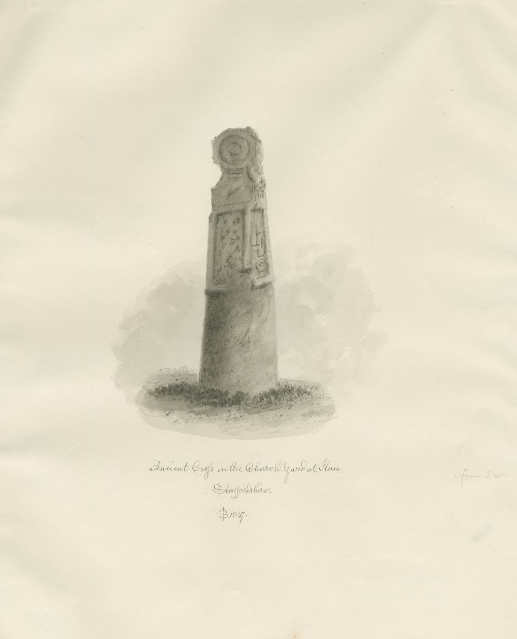 Ilam-kirken - Ancient Cross: sepia-tegning av John Buckler