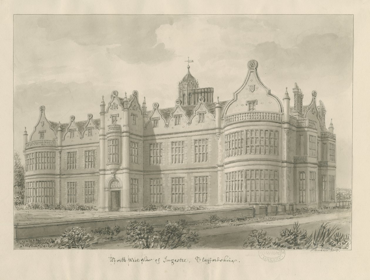 Ingestre Hall: sepia tegning av John Buckler