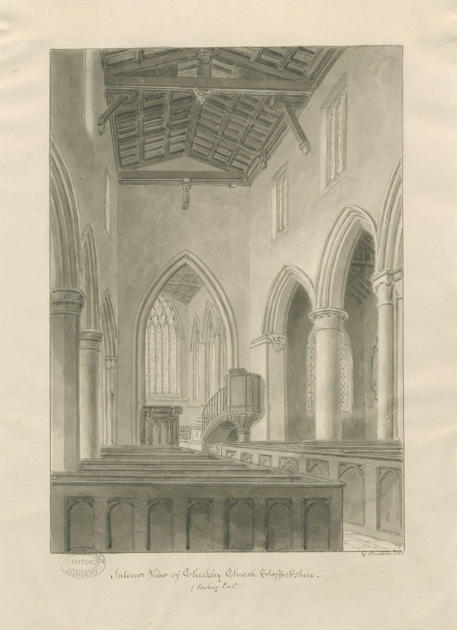 Interiør i Checkley Church: sepia-tegning av John Buckler