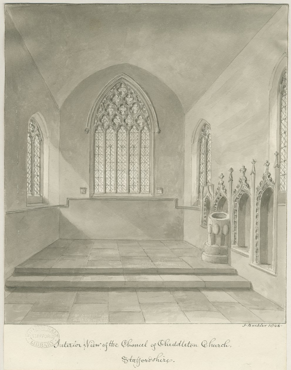 Interiør i Cheddleton Church: sepia-tegning av John Buckler