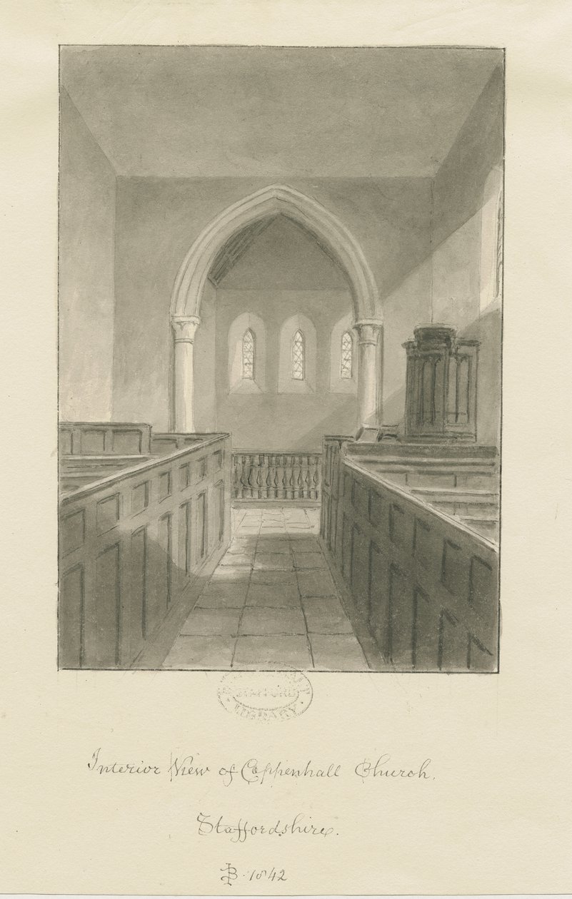 Interiør i Coppenhall Church: sepia-tegning av John Buckler