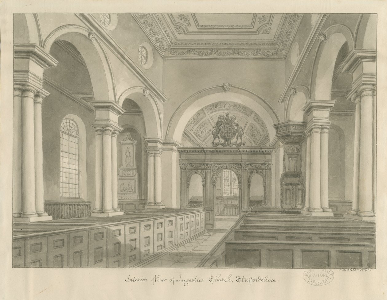 Interiør i Ingestre kirke: sepia tegning av John Buckler