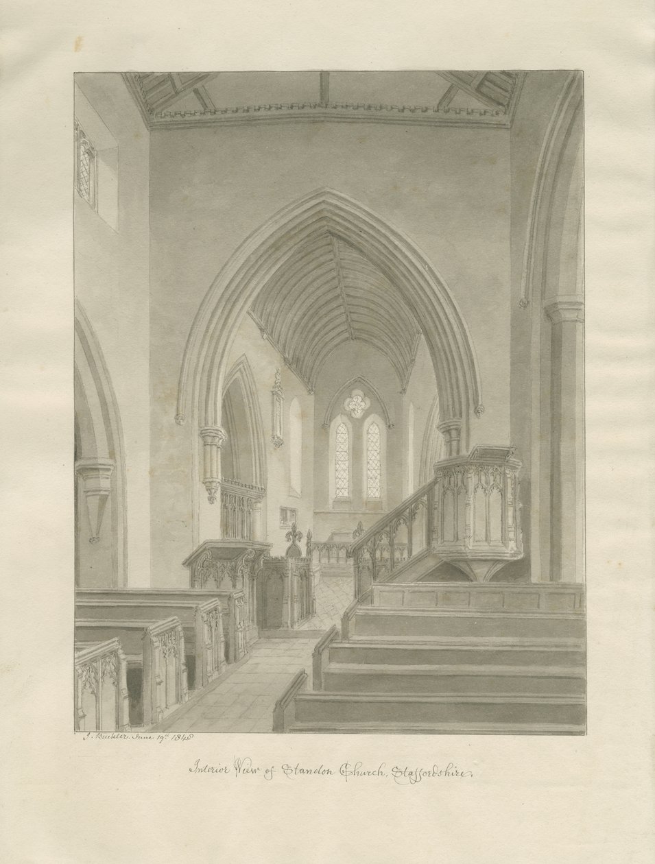 Interiør i Standon Church: sepia-tegning av John Buckler