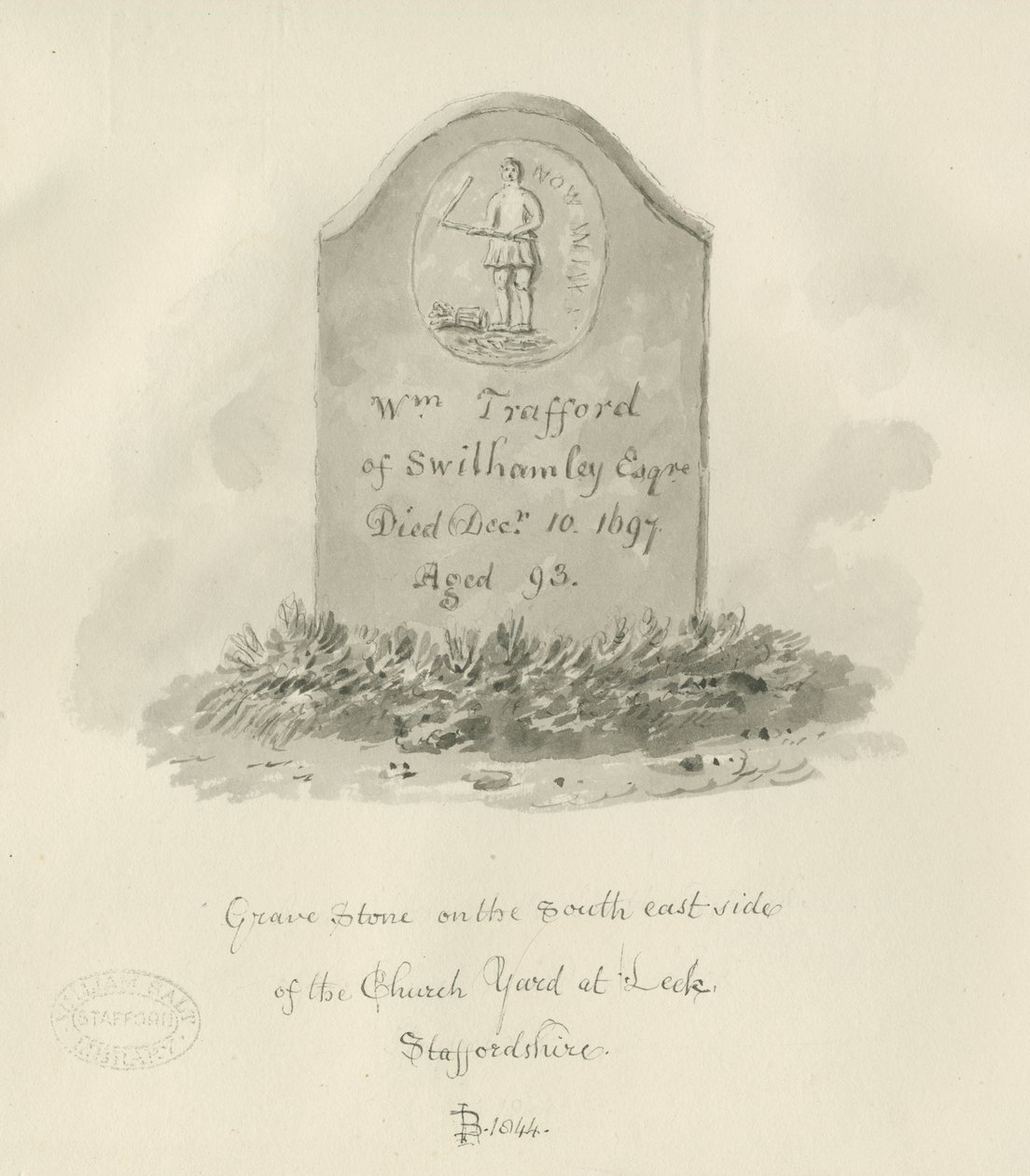 Leek Church - Gravstein: sepia tegning av John Buckler
