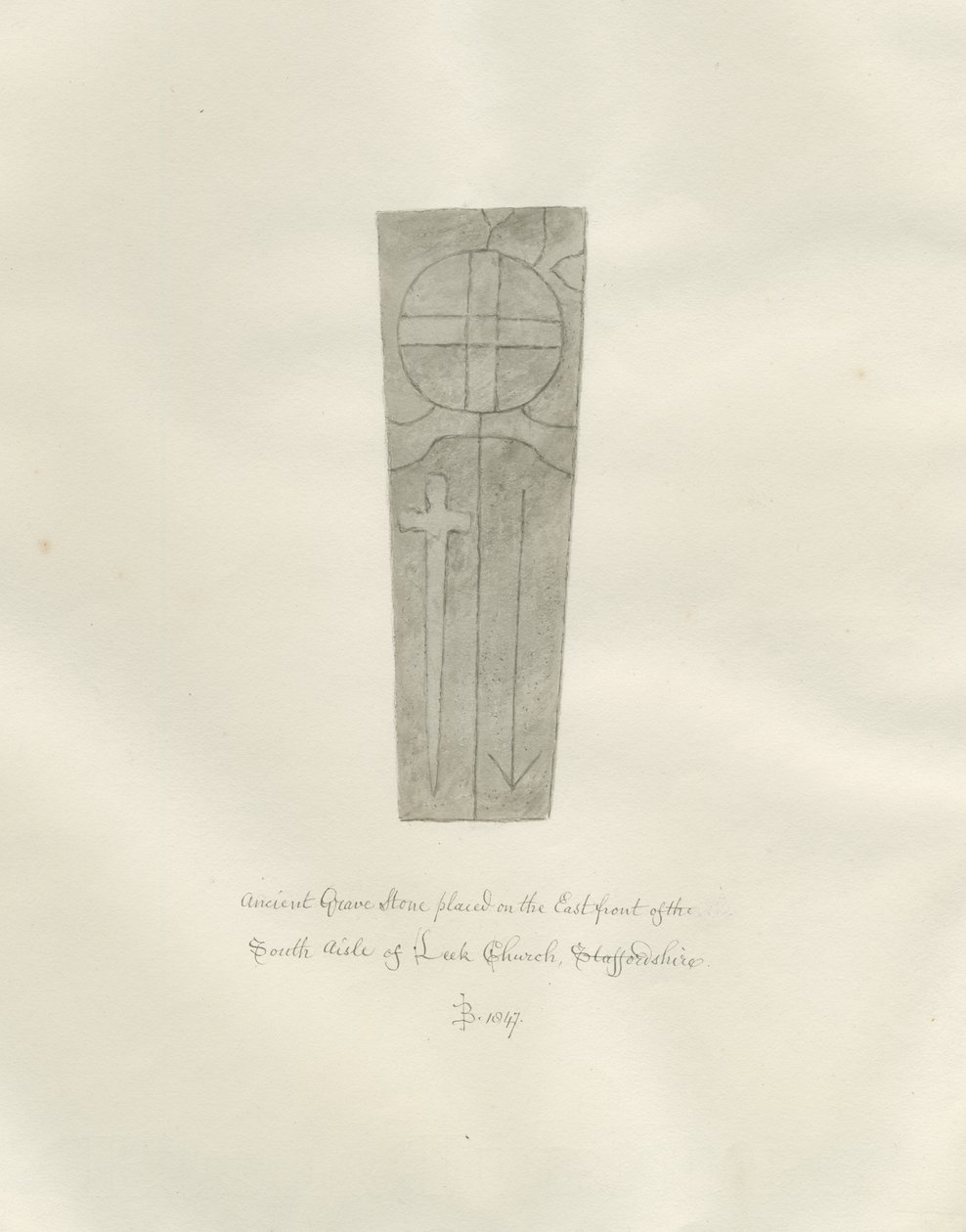 Leek Church - Gravstein: sepia tegning av John Buckler