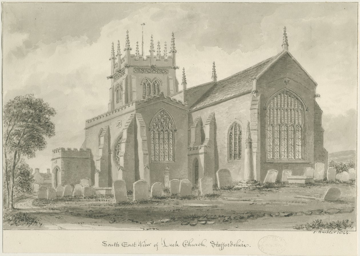 Leek Church: sepia-tegning, 1844 av John Buckler